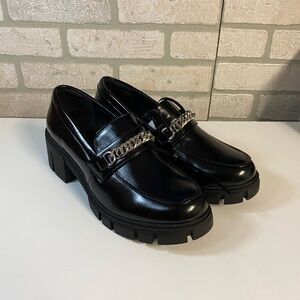 Black Chunky Platform Loafers with Chain Accent